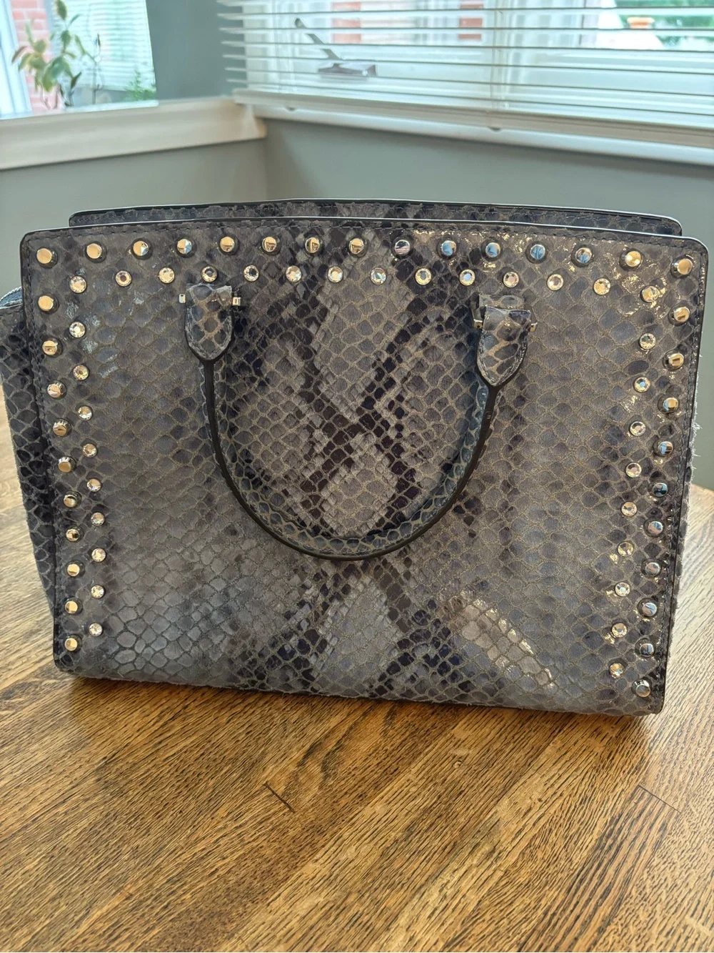 Michael Kors Snake-Embossed Jeweled Studded “Selma” Bag in Gray